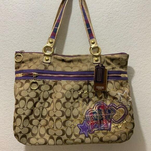 Coach Poppy Tartan Plaid Glam 15882 Shoulder Handbag Tote - Tan Purple Gold - Picture 1 of 16